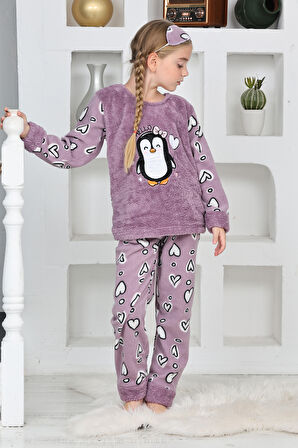 Kız Çocuk Peluş Kumaş-Göz Bantlı Penguenli Pijama Takımı 12281
