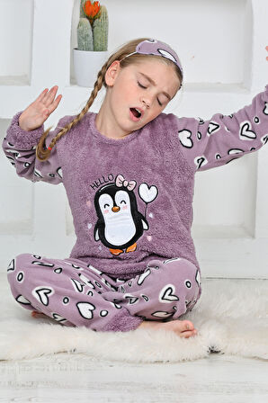 Kız Çocuk Peluş Kumaş-Göz Bantlı Penguenli Pijama Takımı 12281