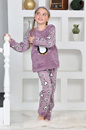 Kız Çocuk Peluş Kumaş-Göz Bantlı Penguenli Pijama Takımı 12281