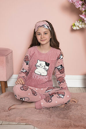 Kız Çocuk Welsoft Kumaş-Göz Bantlı Kedicik Baskılı Pijama Takımı 12282
