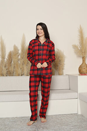 Kadın Pijama Takımı-Ekose Desenli - Pat Yakalı-Düğmeli 12283