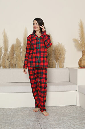 Kadın Pijama Takımı-Ekose Desenli - Pat Yakalı-Düğmeli 12283