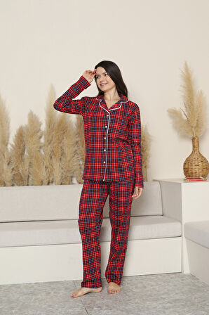 Kadın Pijama Takımı-Ekose Desenli - Pat Yakalı-Düğmeli 12284