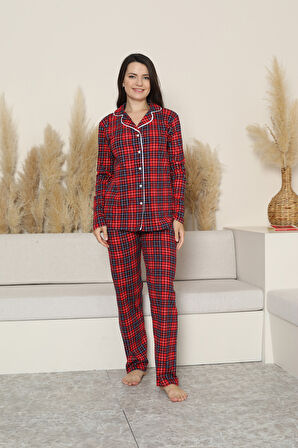 Kadın Pijama Takımı-Ekose Desenli - Pat Yakalı-Düğmeli 12284