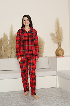 Kadın Pijama Takımı-Ekose Desenli - Pat Yakalı-Düğmeli 12285