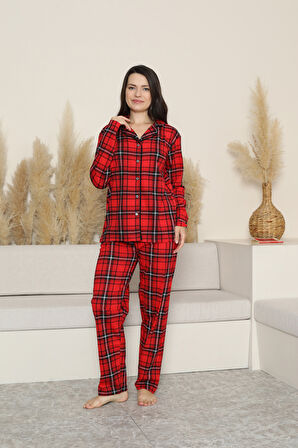 Kadın Pijama Takımı-Ekose Desenli - Pat Yakalı-Düğmeli 12285