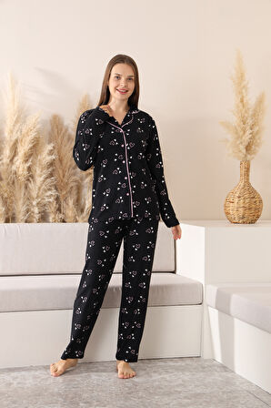 Anne-Kız Pat Yakalı ve Düğme Kapamalı Pijama Takımı 12286