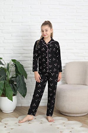 Anne-Kız Pat Yakalı ve Düğme Kapamalı Pijama Takımı 12287