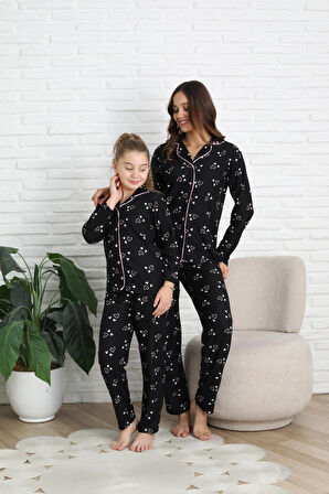 Anne-Kız Pat Yakalı ve Düğme Kapamalı Pijama Takımı 12288