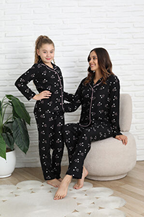 Anne-Kız Pat Yakalı ve Düğme Kapamalı Pijama Takımı 12288