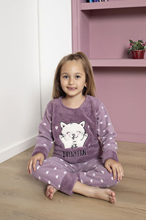 Kız Çocuk Welsoft Kumaş-Göz Bantlı Kedi ve Kalp Baskılı Pijama Takımı 12289