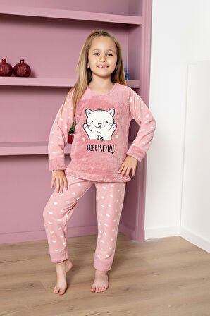 Kız Çocuk Welsoft Kumaş-Göz Bantlı Kedi ve Kalp Baskılı Pijama Takımı 12289
