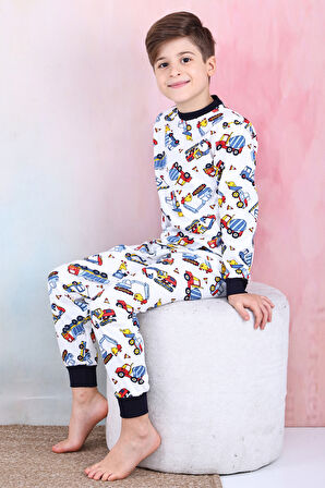 Erkek Çocuk İş Makineleri Baskılı Pijama Takımı 1-7 Yaş 12291