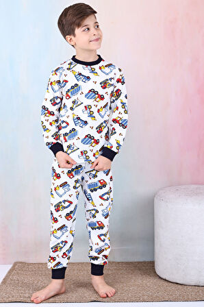 Erkek Çocuk İş Makineleri Baskılı Pijama Takımı 1-7 Yaş 12291
