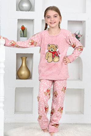 Kız Çocuk Welsoft Kumaş-Göz Bantlı Ayıcık Baskılı Pijama Takımı 12293