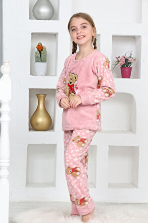 Kız Çocuk Welsoft Kumaş-Göz Bantlı Ayıcık Baskılı Pijama Takımı 12293