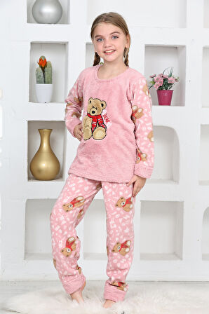 Kız Çocuk Welsoft Kumaş-Göz Bantlı Ayıcık Baskılı Pijama Takımı 12293