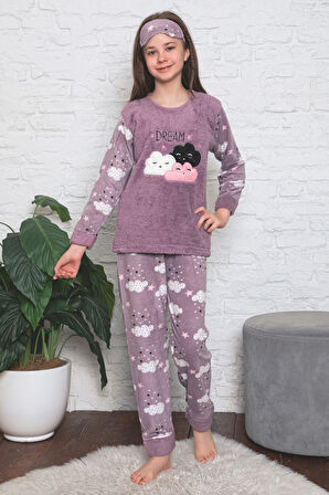 Kız Çocuk Welsoft Kumaş-Göz Bantlı Bulut Baskılı Pijama Takımı 12298