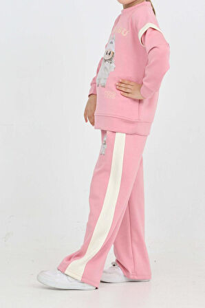 Kız Çocuk Double Face Kumaş Karakter Baskılı Geniş Paçalı Alt-Üst Takım 12299