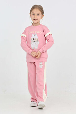 Kız Çocuk Double Face Kumaş Karakter Baskılı Geniş Paçalı Alt-Üst Takım 12299