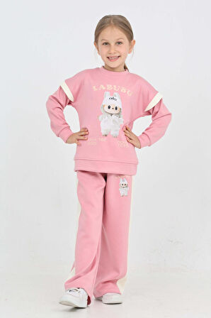 Kız Çocuk Double Face Kumaş Karakter Baskılı Geniş Paçalı Alt-Üst Takım 12299