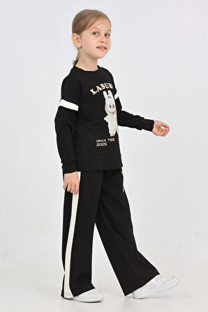 Kız Çocuk Double Face Kumaş Karakter Baskılı Geniş Paçalı Alt-Üst Takım 12299