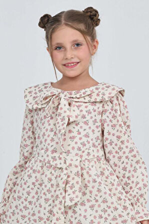Kız Çocuk Fiyonk Yakalı Bel Kuşaklı Çiçek Desenli Kloş Etekli Elbise 12301