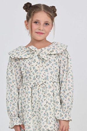 Kız Çocuk Fiyonk Yakalı Bel Kuşaklı Çiçek Desenli Kloş Etekli Elbise 12301