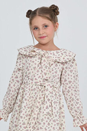 Kız Çocuk Fiyonk Yakalı Bel Kuşaklı Çiçek Desenli Kloş Etekli Elbise 12301