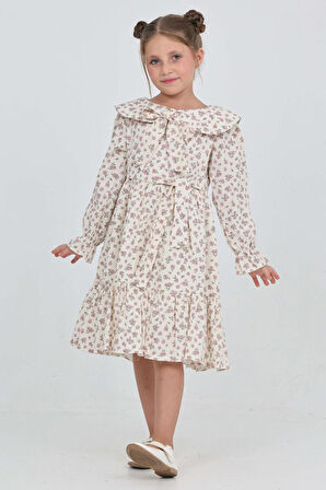 Kız Çocuk Fiyonk Yakalı Bel Kuşaklı Çiçek Desenli Kloş Etekli Elbise 12301
