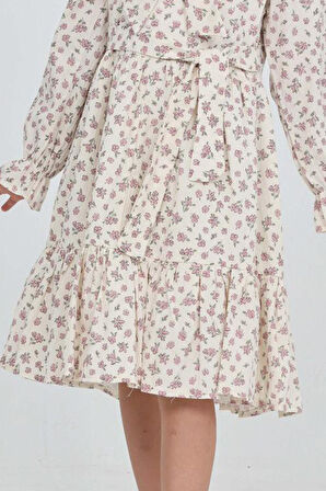 Kız Çocuk Fiyonk Yakalı Bel Kuşaklı Çiçek Desenli Kloş Etekli Elbise 12301