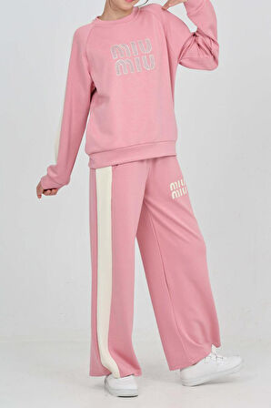 Kız Çocuk Double Face Kumaş Şerit Garni Detaylı Alt-Üst Takım 12302