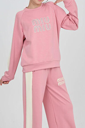 Kız Çocuk Double Face Kumaş Şerit Garni Detaylı Alt-Üst Takım 12302