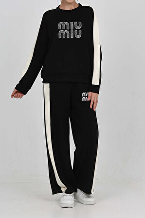 Kız Çocuk Double Face Kumaş Şerit Garni Detaylı Alt-Üst Takım 12302