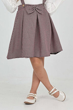 Kız Çocuk Dantel Yakalı Salopet Askılı Kazayağı Desenli 2'li Elbise 12304