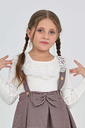 Kız Çocuk Dantel Yakalı Salopet Askılı Kazayağı Desenli 2'li Elbise 12304