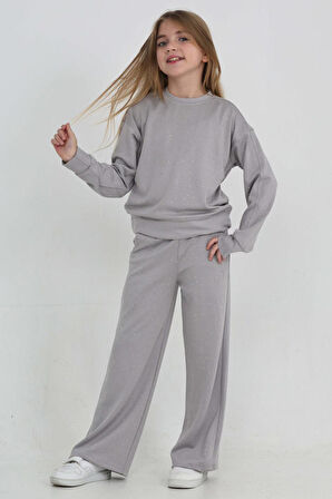 Kız Çocuk Geniş Paçalı Taş Süslemeli Double Face Kumaş  Alt-Üst Takım 12305