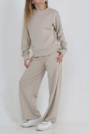 Kız Çocuk Geniş Paçalı Taş Süslemeli Double Face Kumaş  Alt-Üst Takım 12305