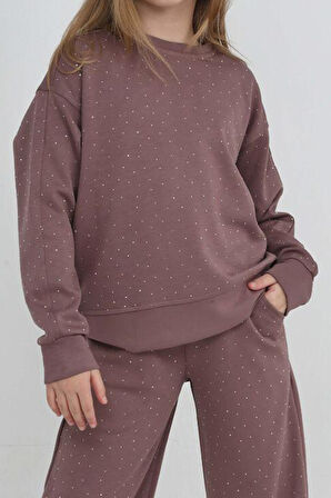 Kız Çocuk Geniş Paçalı Taş Süslemeli Double Face Kumaş  Alt-Üst Takım 12305