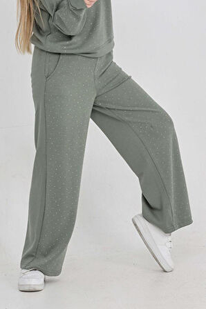 Kız Çocuk Geniş Paçalı Taş Süslemeli Double Face Kumaş  Alt-Üst Takım 12305