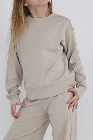 Kız Çocuk Geniş Paçalı Taş Süslemeli Double Face Kumaş  Alt-Üst Takım 12305