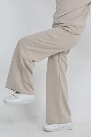 Kız Çocuk Geniş Paçalı Taş Süslemeli Double Face Kumaş  Alt-Üst Takım 12305