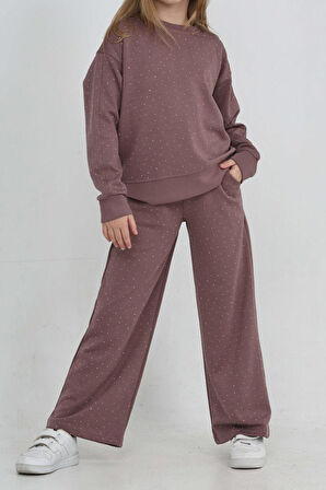 Kız Çocuk Geniş Paçalı Taş Süslemeli Double Face Kumaş  Alt-Üst Takım 12305