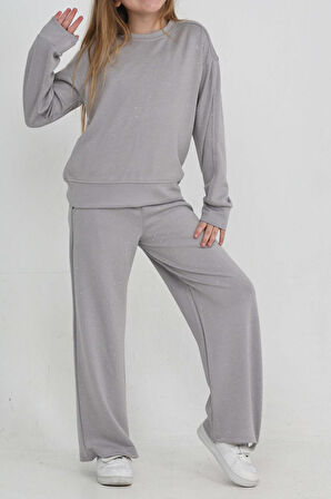 Kız Çocuk Geniş Paçalı Taş Süslemeli Double Face Kumaş  Alt-Üst Takım 12305