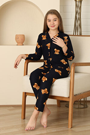 Kız Çocuk Pat Yakalı-Ayıcık Baskılı ve Düğme Kapamalı Pijama Takımı 12308