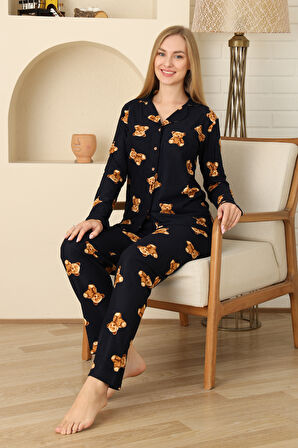 Kadın Pijama Takımı %100 Pamuk-Pat Yakalı ve Düğme Kapamalı 12309