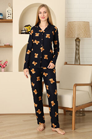 Kadın Pijama Takımı %100 Pamuk-Pat Yakalı ve Düğme Kapamalı 12309