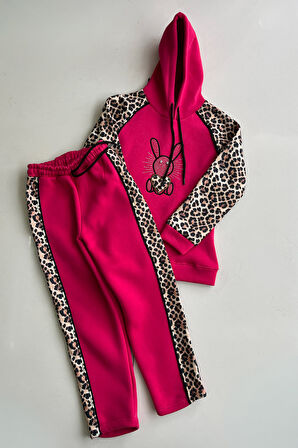 Kız Çocuk 3 İplik Alt-Üst Takım Kapüşonlu Rotasyon Desenli Nakış ve Taş Baskılı 12311