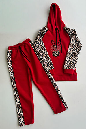 Kız Çocuk 3 İplik Alt-Üst Takım Kapüşonlu Rotasyon Desenli Nakış ve Taş Baskılı 12311