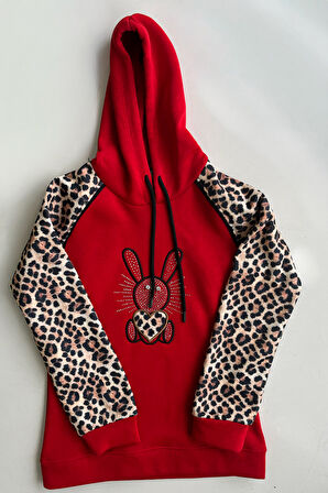 Kız Çocuk 3 İplik Alt-Üst Takım Kapüşonlu Rotasyon Desenli Nakış ve Taş Baskılı 12311